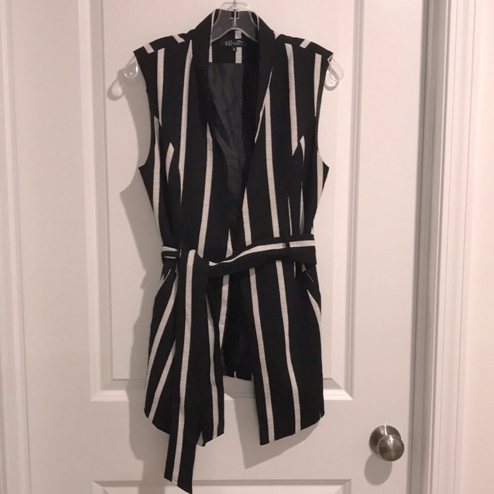 NWOT- Elliatt Black & White Striped Long Vest with Sash Belt